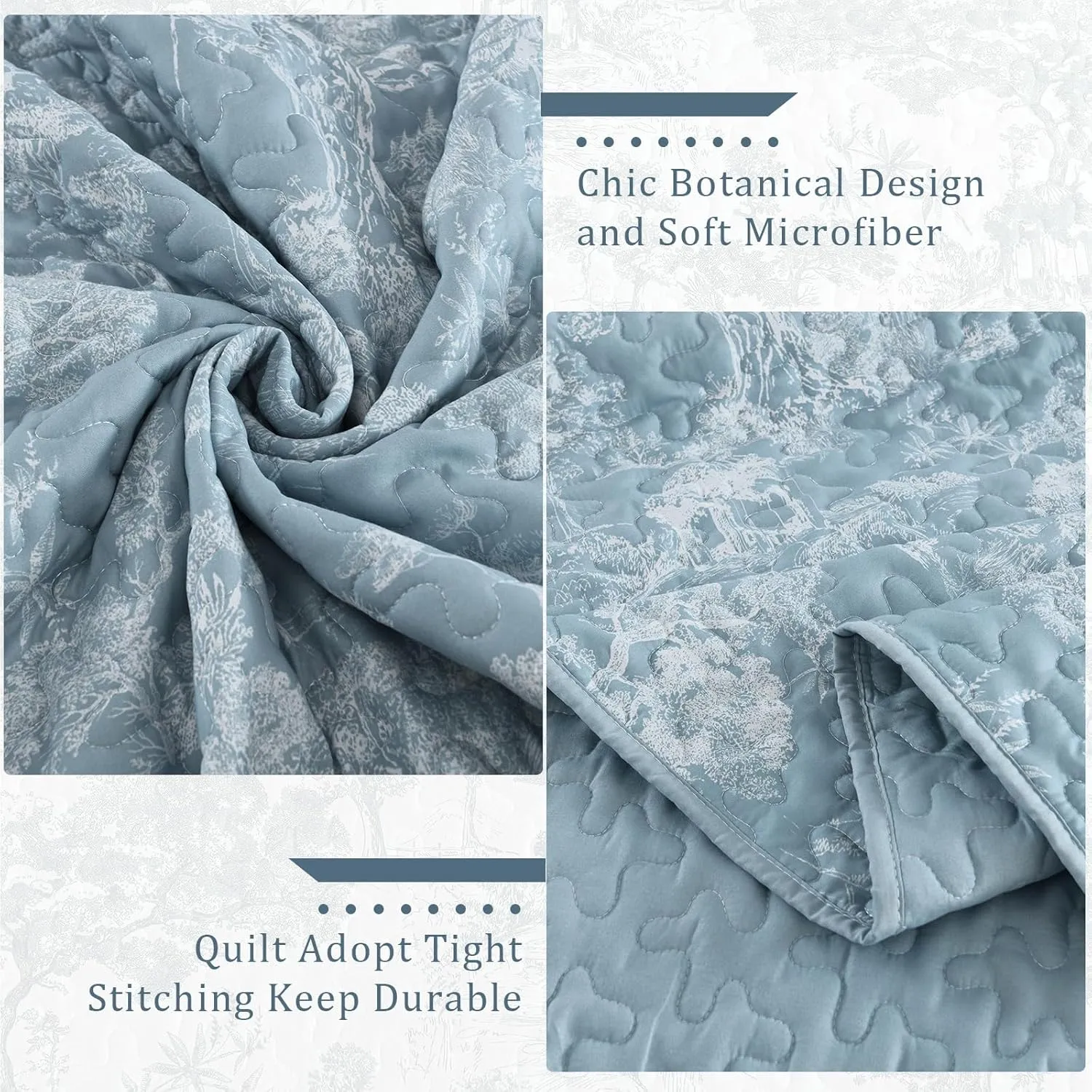 WONGS BEDDING Botanical Quilt Set Queen Size, Aqua 3 Pieces Toile Floral Plants Printed Bedspread Bedding Set Soft Lightweight Microfiber Coverlet Set for All Season (96"x90")