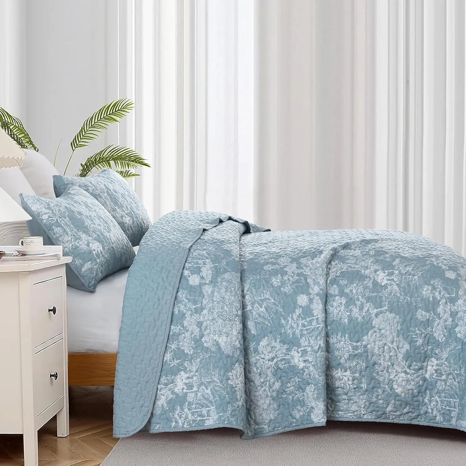 WONGS BEDDING Botanical Quilt Set Queen Size, Aqua 3 Pieces Toile Floral Plants Printed Bedspread Bedding Set Soft Lightweight Microfiber Coverlet Set for All Season (96"x90")
