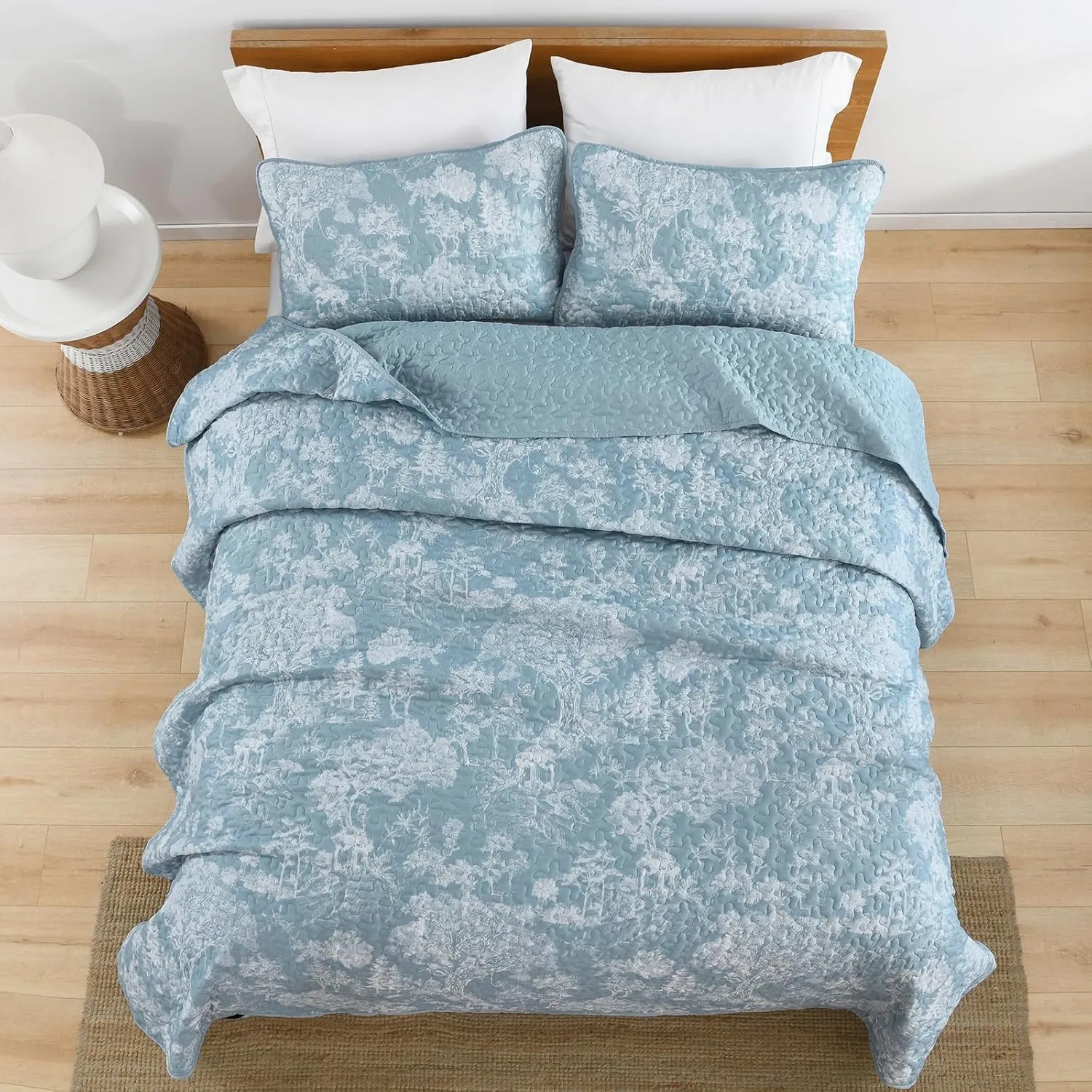 WONGS BEDDING Botanical Quilt Set Queen Size, Aqua 3 Pieces Toile Floral Plants Printed Bedspread Bedding Set Soft Lightweight Microfiber Coverlet Set for All Season (96"x90")