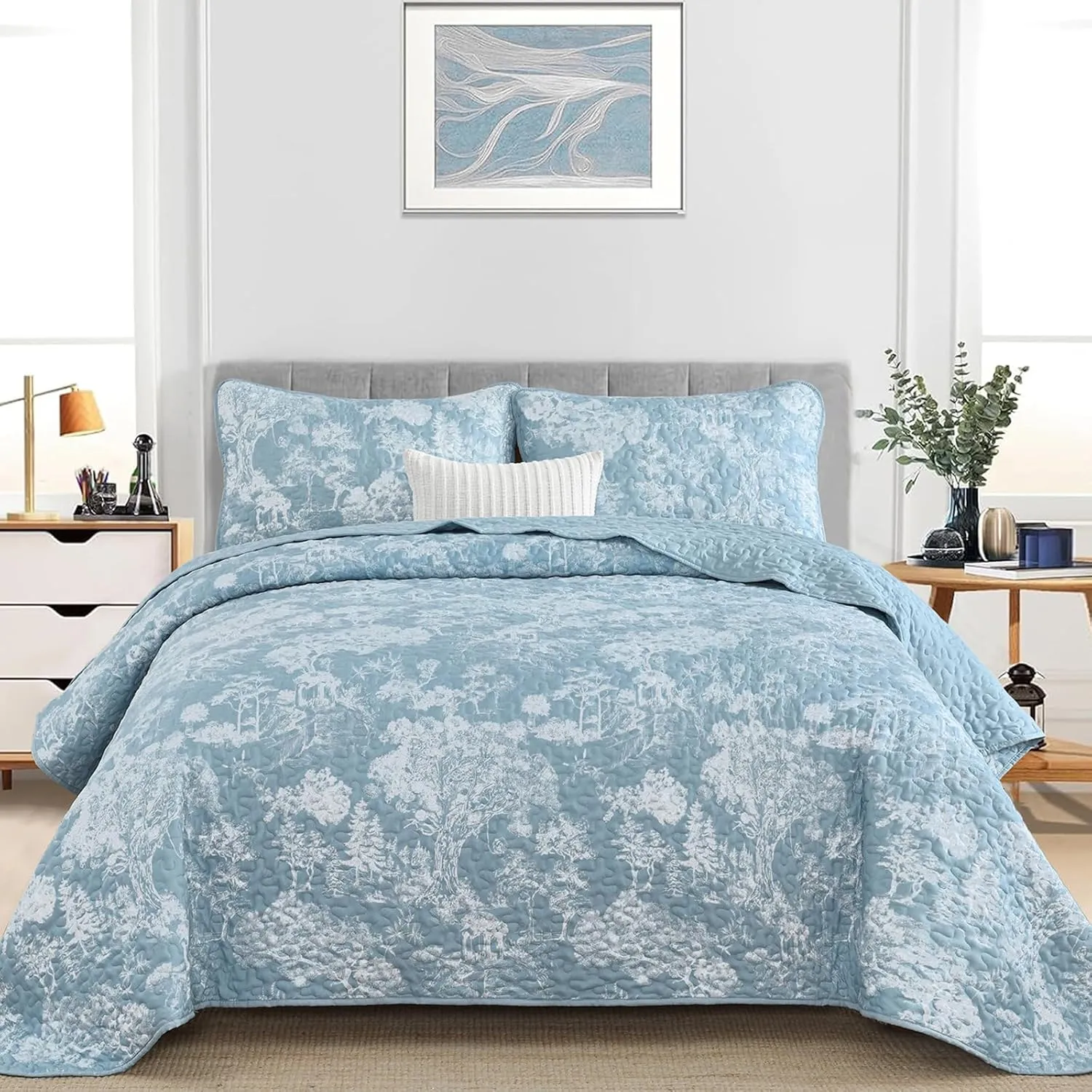 WONGS BEDDING Botanical Quilt Set Queen Size, Aqua 3 Pieces Toile Floral Plants Printed Bedspread Bedding Set Soft Lightweight Microfiber Coverlet Set for All Season (96"x90")