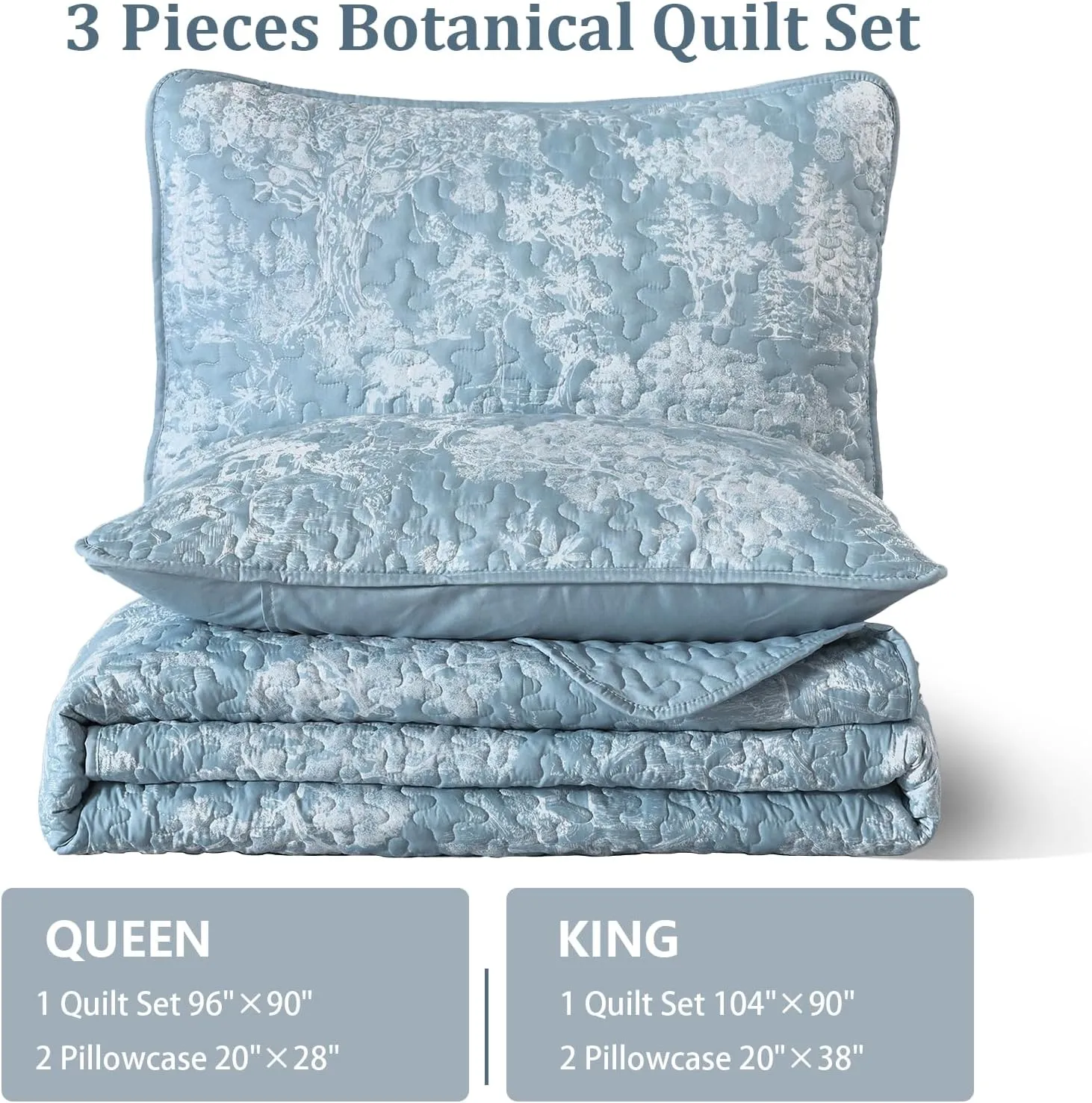 WONGS BEDDING Botanical Quilt Set Queen Size, Aqua 3 Pieces Toile Floral Plants Printed Bedspread Bedding Set Soft Lightweight Microfiber Coverlet Set for All Season (96"x90")
