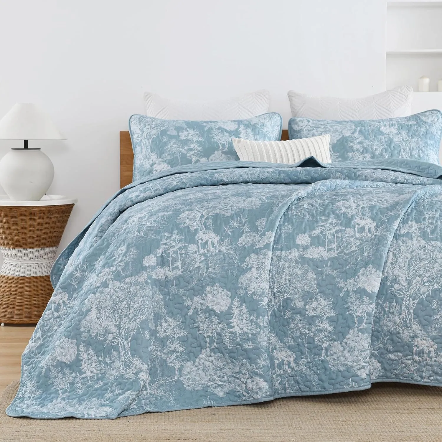 WONGS BEDDING Botanical Quilt Set Queen Size, Aqua 3 Pieces Toile Floral Plants Printed Bedspread Bedding Set Soft Lightweight Microfiber Coverlet Set for All Season (96"x90")