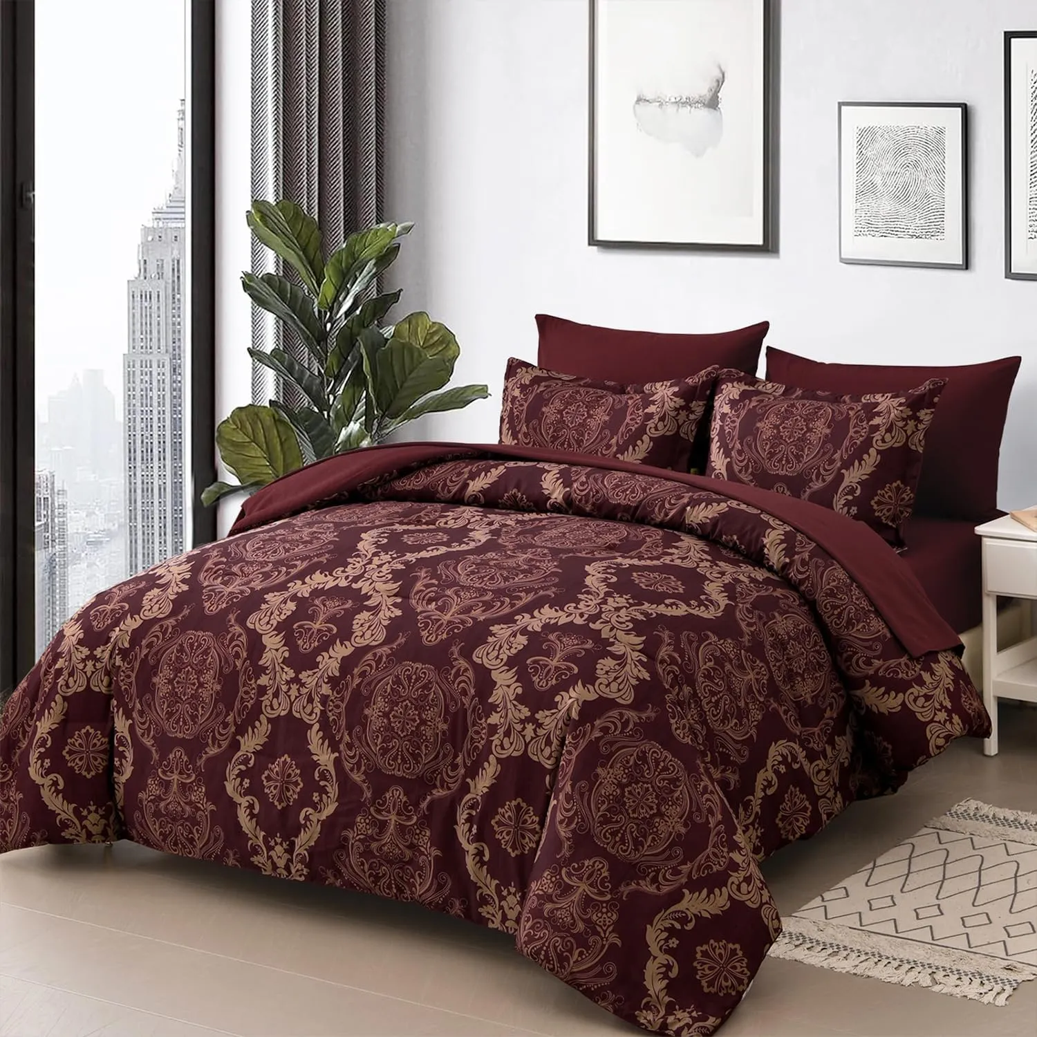WONGS BEDDING Burgundy Comforter Set King Size, Maroon Damask Texture 7 Pieces Bed in a Bag Polyester Comforter Bedding Sets -1 Comforter, 1 Flat Sheet, 1 Fitted Sheet, 2 Pillow Shams,2 Pillowcases