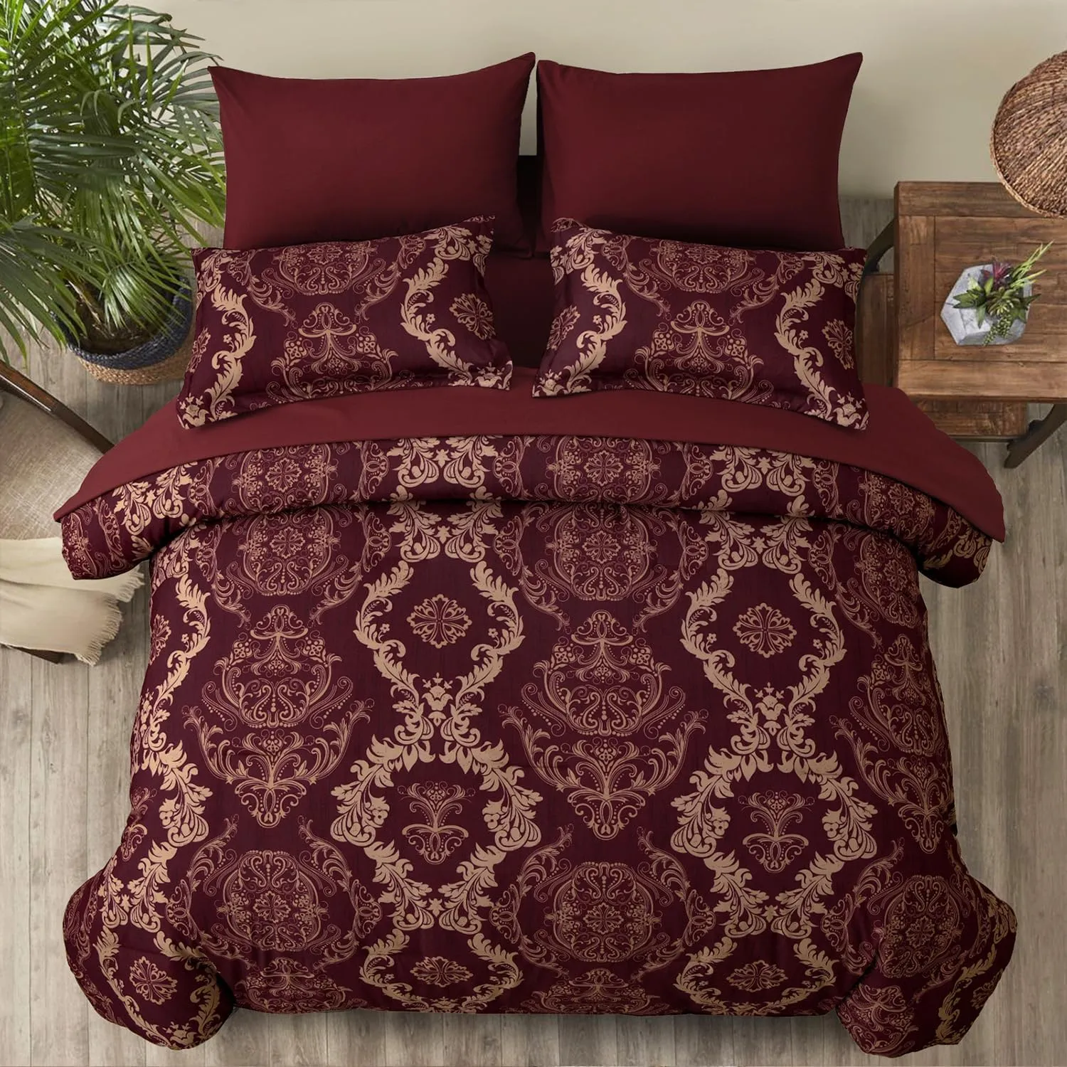 WONGS BEDDING Burgundy Comforter Set King Size, Maroon Damask Texture 7 Pieces Bed in a Bag Polyester Comforter Bedding Sets -1 Comforter, 1 Flat Sheet, 1 Fitted Sheet, 2 Pillow Shams,2 Pillowcases