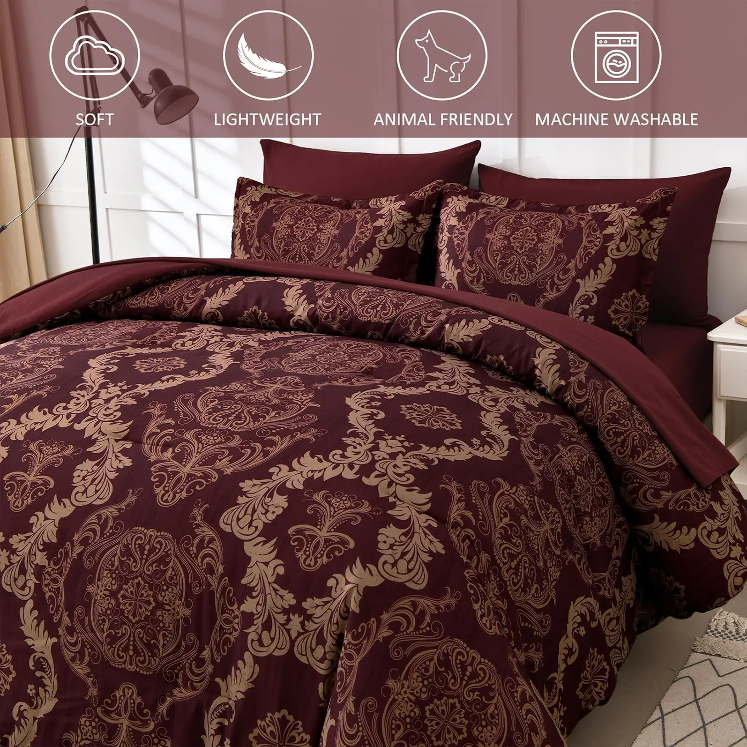 WONGS BEDDING Burgundy Comforter Set King Size, Maroon Damask Texture 7 Pieces Bed in a Bag Polyester Comforter Bedding Sets -1 Comforter, 1 Flat Sheet, 1 Fitted Sheet, 2 Pillow Shams,2 Pillowcases