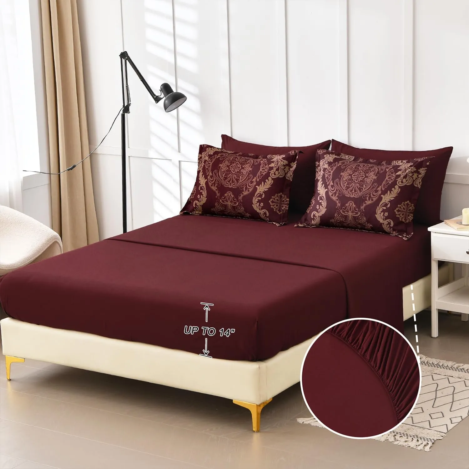 WONGS BEDDING Burgundy Comforter Set King Size, Maroon Damask Texture 7 Pieces Bed in a Bag Polyester Comforter Bedding Sets -1 Comforter, 1 Flat Sheet, 1 Fitted Sheet, 2 Pillow Shams,2 Pillowcases