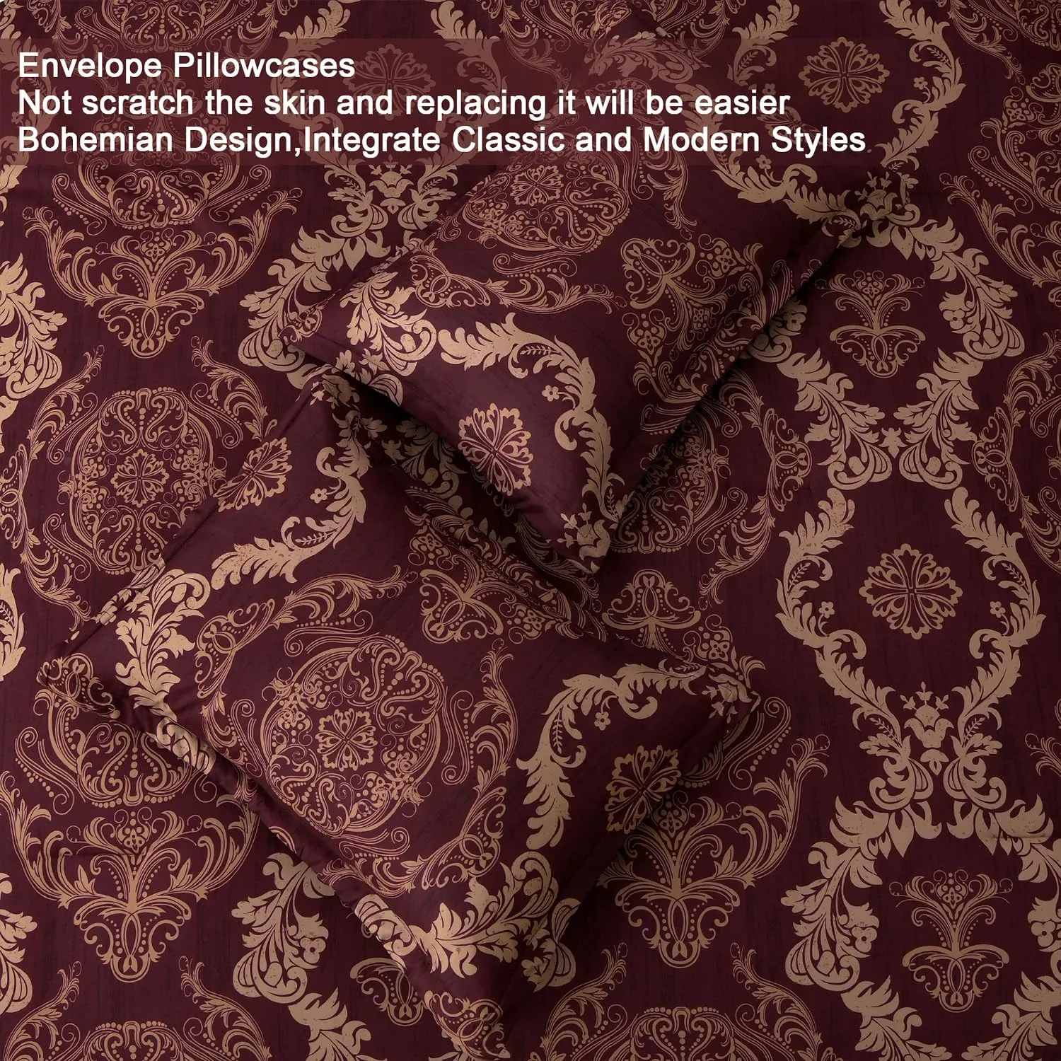 WONGS BEDDING Burgundy Comforter Set King Size, Maroon Damask Texture 7 Pieces Bed in a Bag Polyester Comforter Bedding Sets -1 Comforter, 1 Flat Sheet, 1 Fitted Sheet, 2 Pillow Shams,2 Pillowcases