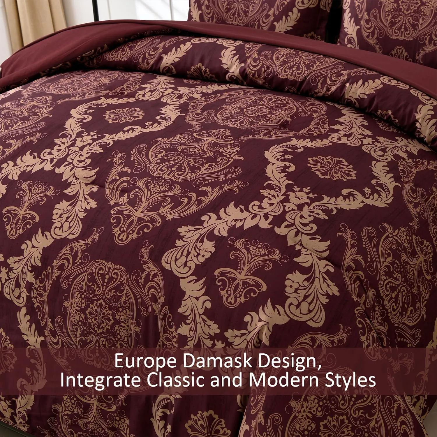 WONGS BEDDING Burgundy Comforter Set King Size, Maroon Damask Texture 7 Pieces Bed in a Bag Polyester Comforter Bedding Sets -1 Comforter, 1 Flat Sheet, 1 Fitted Sheet, 2 Pillow Shams,2 Pillowcases
