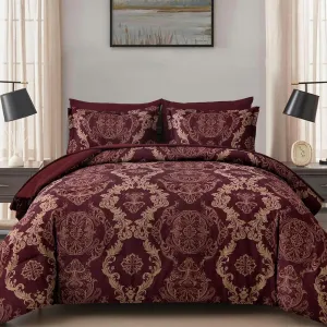 WONGS BEDDING Burgundy Comforter Set King Size, Maroon Damask Texture 7 Pieces Bed in a Bag Polyester Comforter Bedding Sets -1 Comforter, 1 Flat Sheet, 1 Fitted Sheet, 2 Pillow Shams,2 Pillowcases