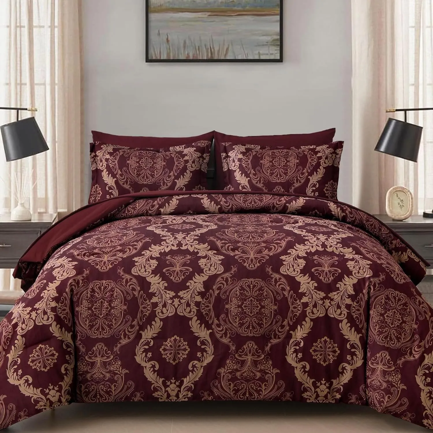 WONGS BEDDING Burgundy Comforter Set King Size, Maroon Damask Texture 7 Pieces Bed in a Bag Polyester Comforter Bedding Sets -1 Comforter, 1 Flat Sheet, 1 Fitted Sheet, 2 Pillow Shams,2 Pillowcases