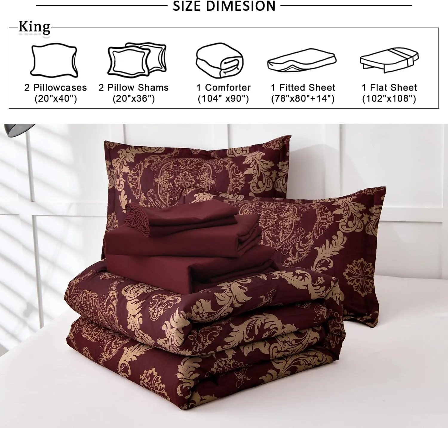 WONGS BEDDING Burgundy Comforter Set King Size, Maroon Damask Texture 7 Pieces Bed in a Bag Polyester Comforter Bedding Sets -1 Comforter, 1 Flat Sheet, 1 Fitted Sheet, 2 Pillow Shams,2 Pillowcases