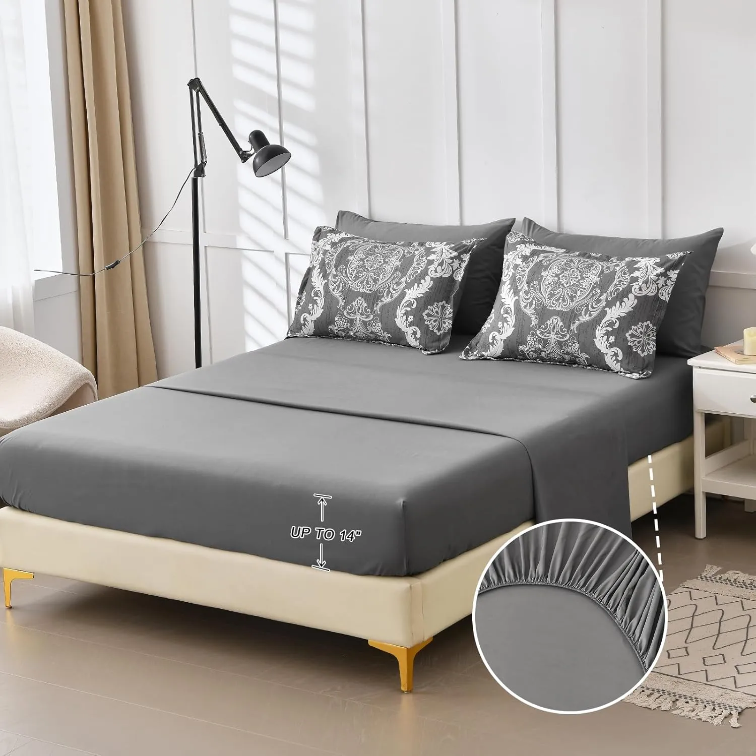 WONGS BEDDING Dark Grey Comforter Set Queen Size, Damask Texture 7 Pieces Bed in a Bag Microfiber Comforter Bedding Sets -1 Comforter, 1 Flat Sheet, 1 Fitted Sheet, 2 Pillow Shams, 2 Pillowcases