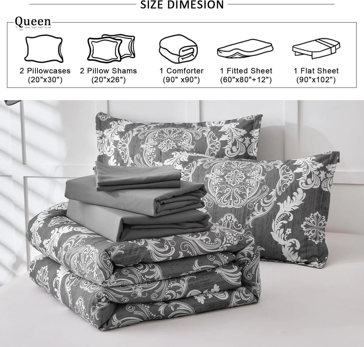 WONGS BEDDING Dark Grey Comforter Set Queen Size, Damask Texture 7 Pieces Bed in a Bag Microfiber Comforter Bedding Sets -1 Comforter, 1 Flat Sheet, 1 Fitted Sheet, 2 Pillow Shams, 2 Pillowcases
