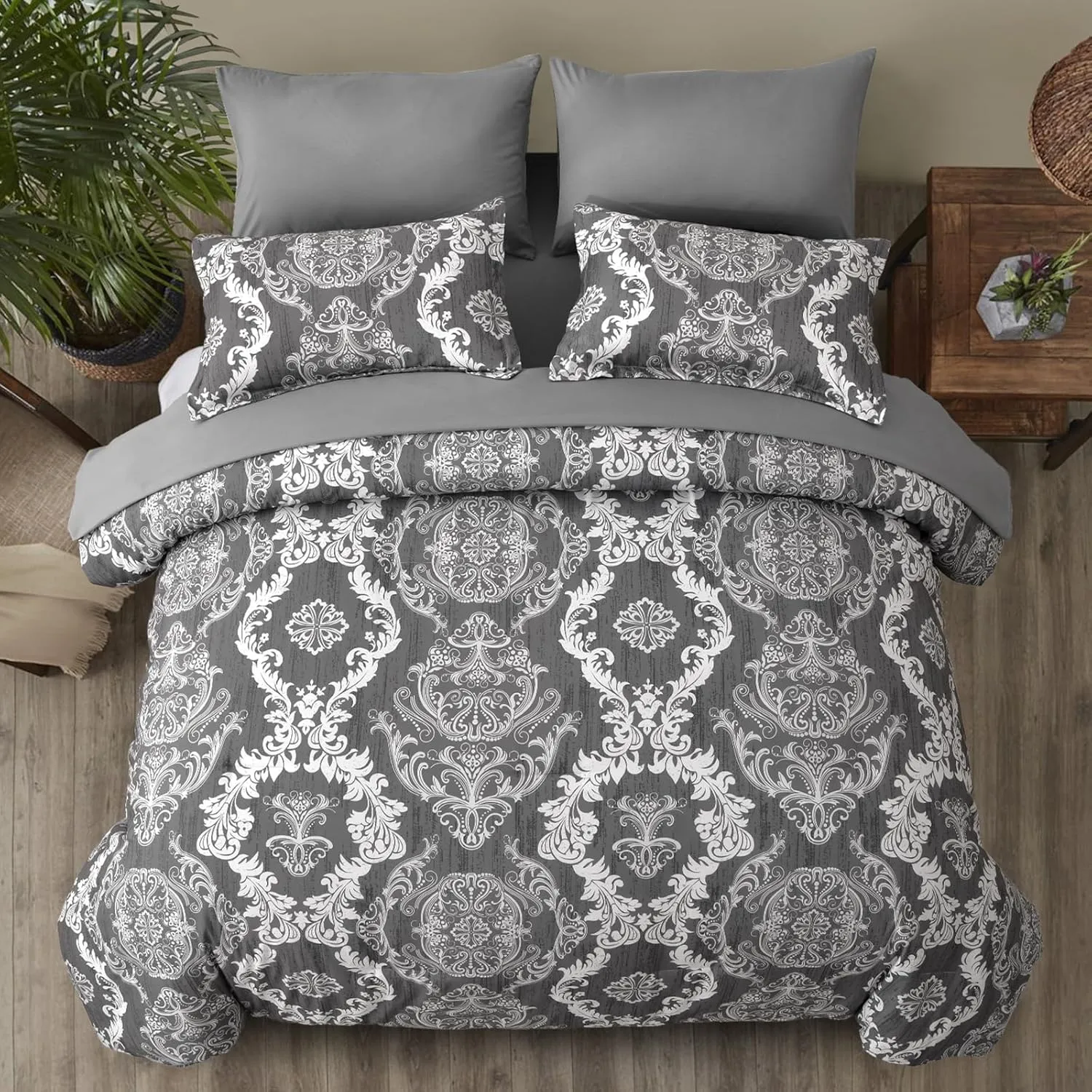 WONGS BEDDING Dark Grey Comforter Set Queen Size, Damask Texture 7 Pieces Bed in a Bag Microfiber Comforter Bedding Sets -1 Comforter, 1 Flat Sheet, 1 Fitted Sheet, 2 Pillow Shams, 2 Pillowcases