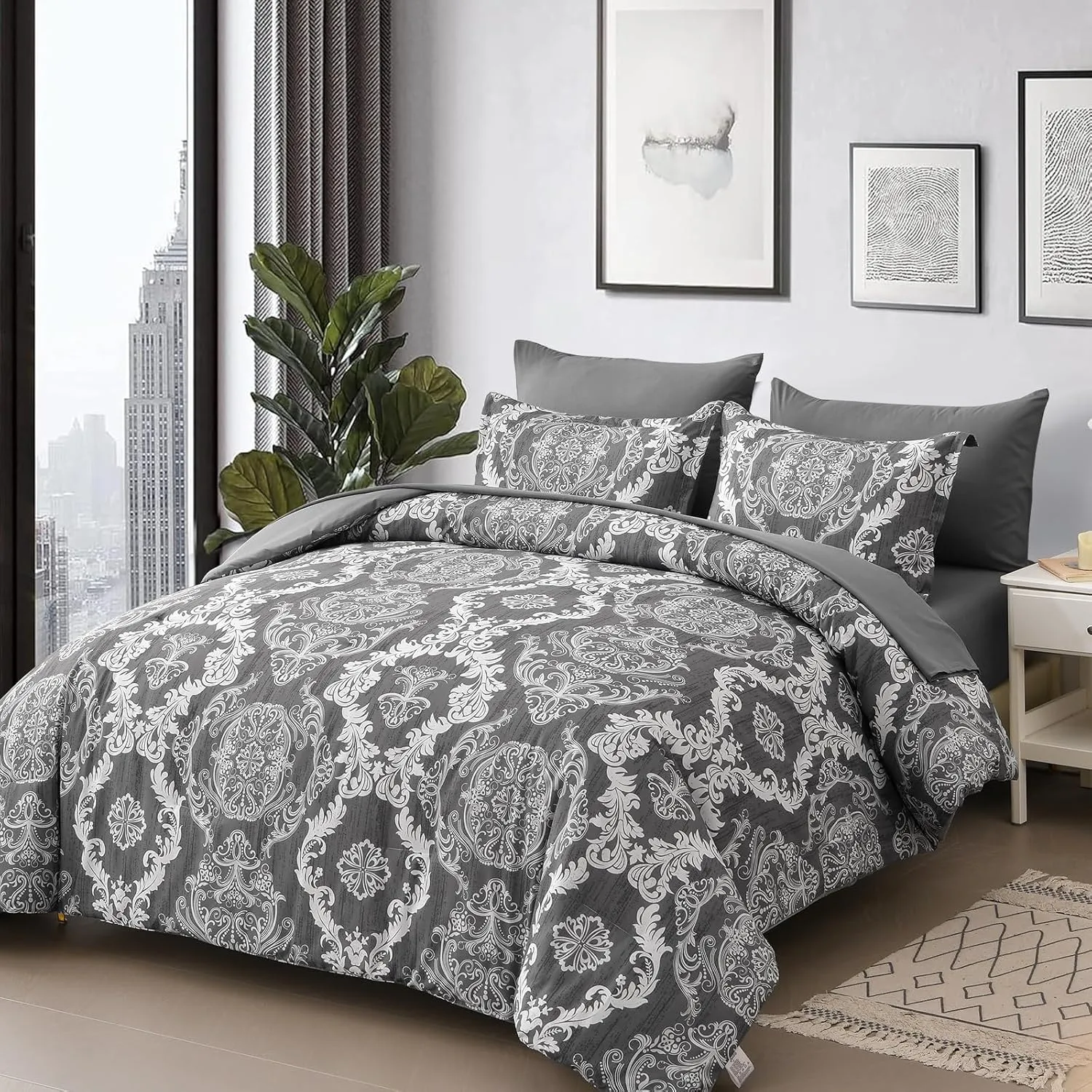 WONGS BEDDING Dark Grey Comforter Set Queen Size, Damask Texture 7 Pieces Bed in a Bag Microfiber Comforter Bedding Sets -1 Comforter, 1 Flat Sheet, 1 Fitted Sheet, 2 Pillow Shams, 2 Pillowcases
