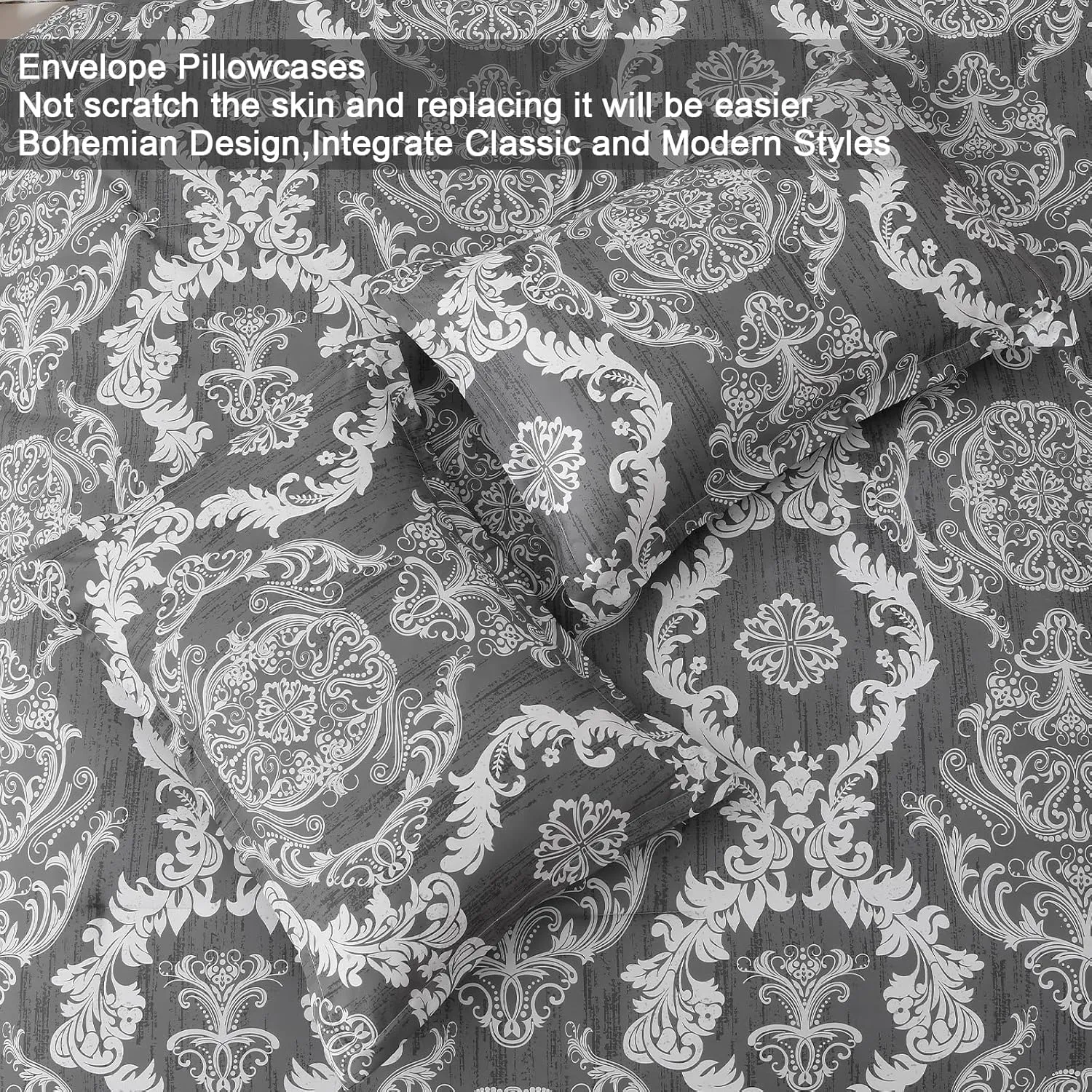 WONGS BEDDING Dark Grey Comforter Set Queen Size, Damask Texture 7 Pieces Bed in a Bag Microfiber Comforter Bedding Sets -1 Comforter, 1 Flat Sheet, 1 Fitted Sheet, 2 Pillow Shams, 2 Pillowcases