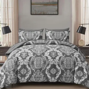 WONGS BEDDING Dark Grey Comforter Set Queen Size, Damask Texture 7 Pieces Bed in a Bag Microfiber Comforter Bedding Sets -1 Comforter, 1 Flat Sheet, 1 Fitted Sheet, 2 Pillow Shams, 2 Pillowcases