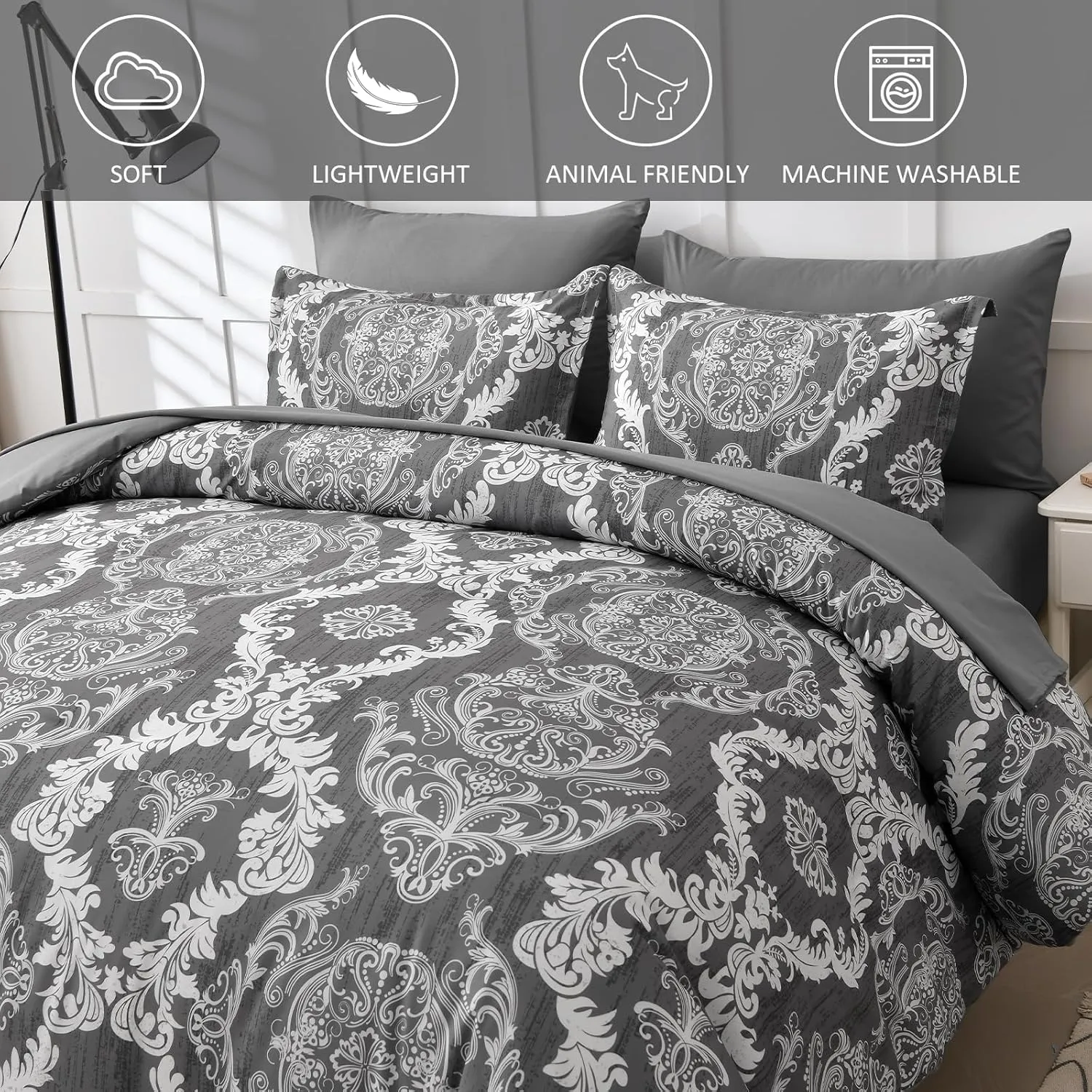 WONGS BEDDING Dark Grey Comforter Set Queen Size, Damask Texture 7 Pieces Bed in a Bag Microfiber Comforter Bedding Sets -1 Comforter, 1 Flat Sheet, 1 Fitted Sheet, 2 Pillow Shams, 2 Pillowcases