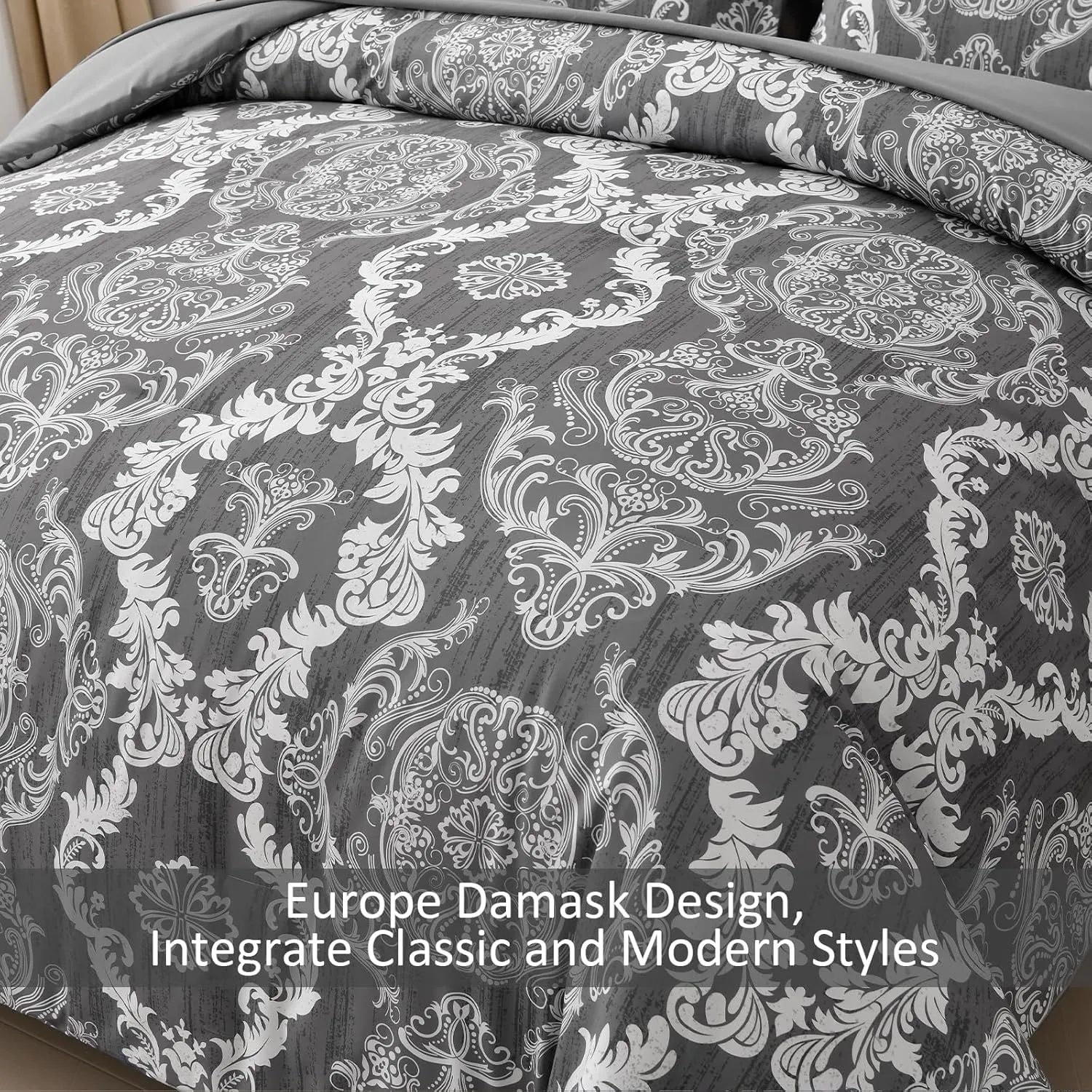 WONGS BEDDING Dark Grey Comforter Set Queen Size, Damask Texture 7 Pieces Bed in a Bag Microfiber Comforter Bedding Sets -1 Comforter, 1 Flat Sheet, 1 Fitted Sheet, 2 Pillow Shams, 2 Pillowcases