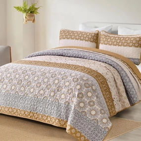 WONGS BEDDING Boho Quilt Set King, Brown Bohemian Striped Patchwork Summer Bedspread Coverlet Set with 2 Pillowcases,Lightweight Microfiber Floral Bedding Set 104"×90"
