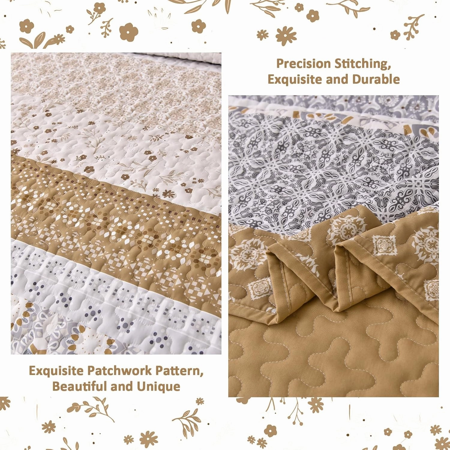 WONGS BEDDING Boho Quilt Set King, Brown Bohemian Striped Patchwork Summer Bedspread Coverlet Set with 2 Pillowcases,Lightweight Microfiber Floral Bedding Set 104"×90"