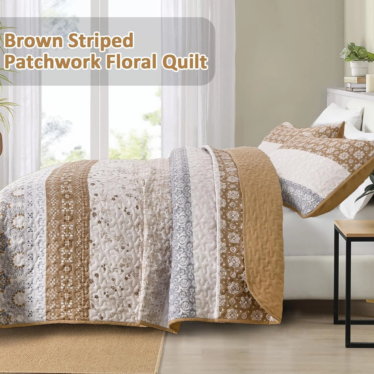 WONGS BEDDING Boho Quilt Set King, Brown Bohemian Striped Patchwork Summer Bedspread Coverlet Set with 2 Pillowcases,Lightweight Microfiber Floral Bedding Set 104"×90"