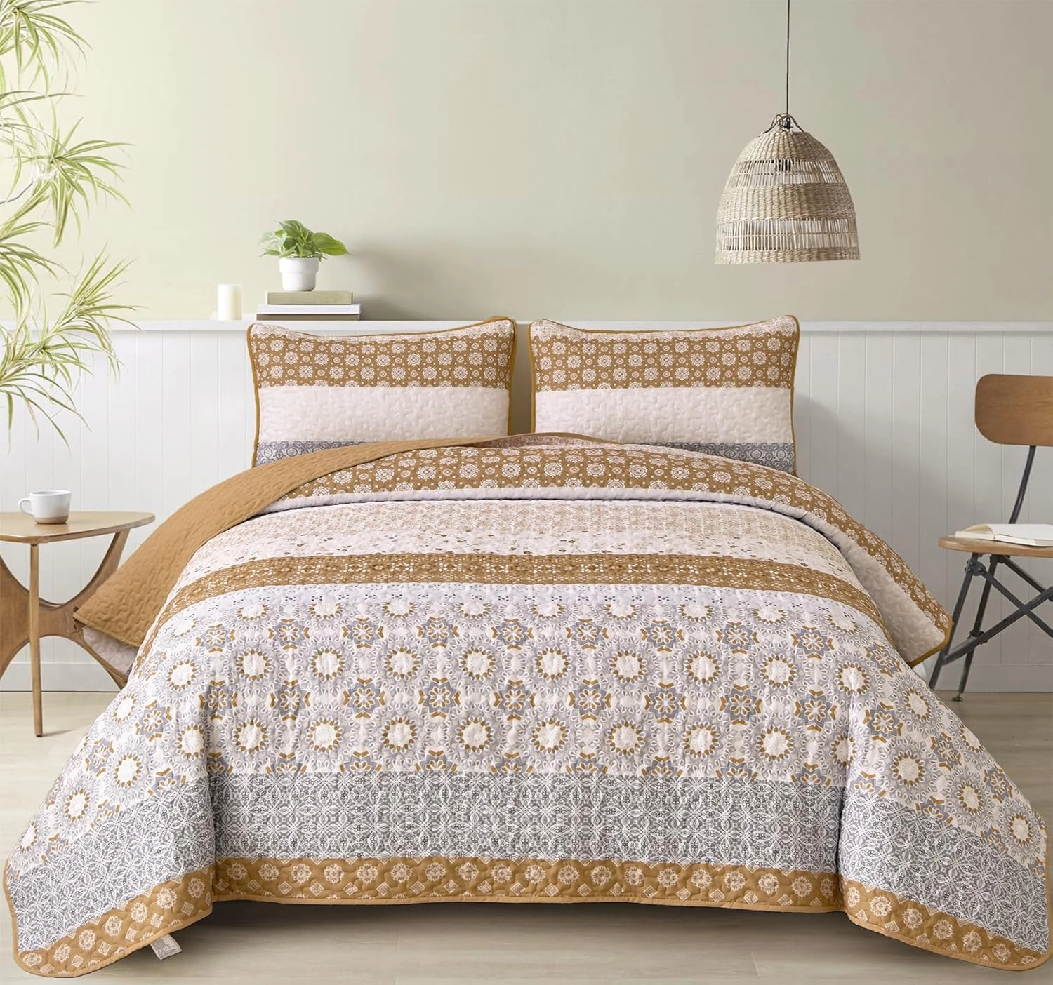 WONGS BEDDING Boho Quilt Set King, Brown Bohemian Striped Patchwork Summer Bedspread Coverlet Set with 2 Pillowcases,Lightweight Microfiber Floral Bedding Set 104"×90"