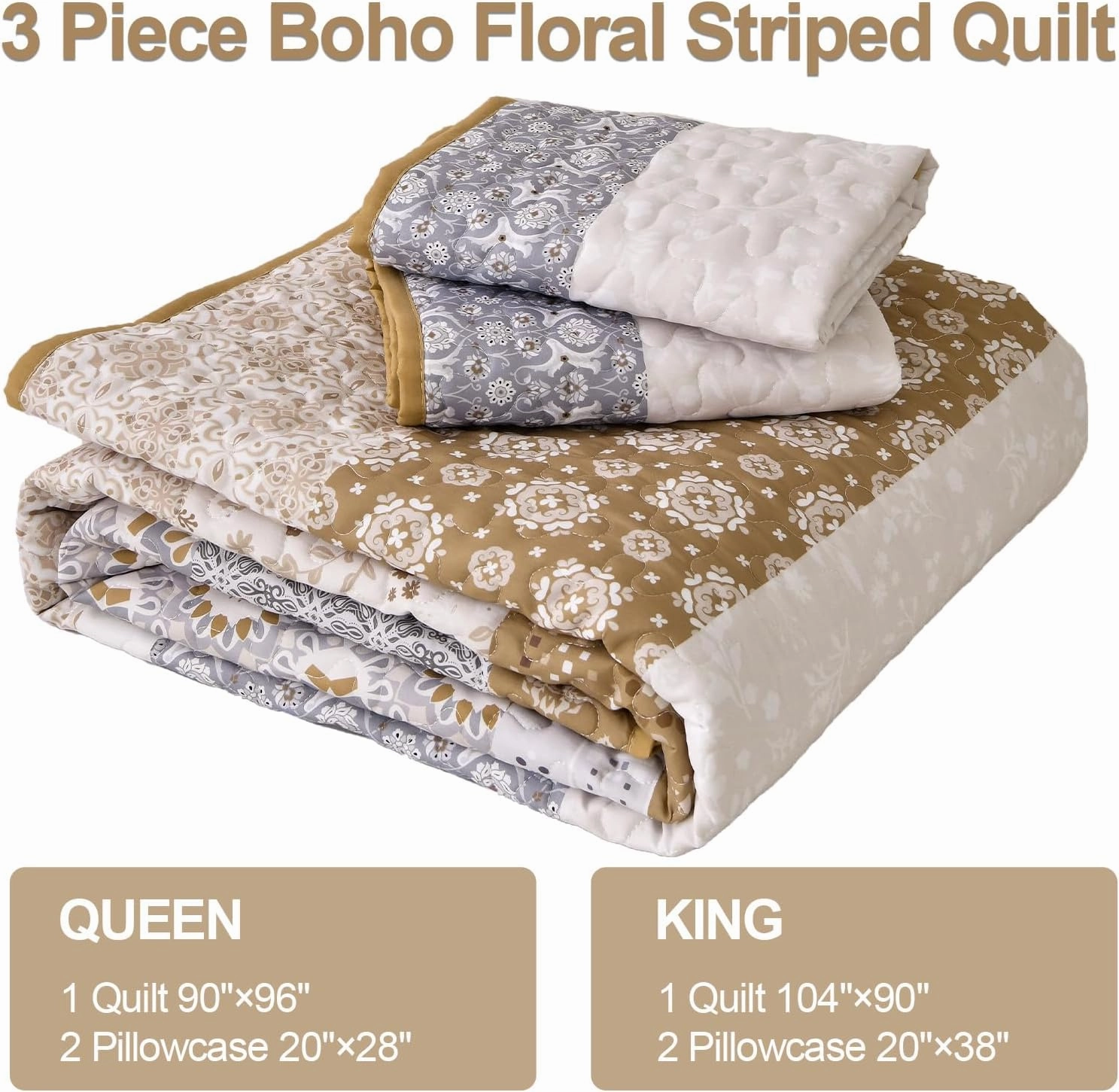 WONGS BEDDING Boho Quilt Set King, Brown Bohemian Striped Patchwork Summer Bedspread Coverlet Set with 2 Pillowcases,Lightweight Microfiber Floral Bedding Set 104"×90"