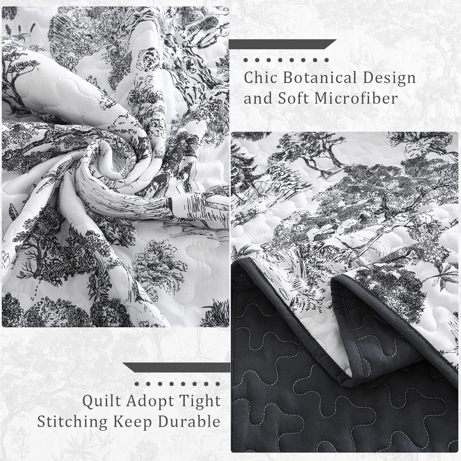 WONGS BEDDING Botanical Quilt Set Full Size, Black 3 Pieces Toile Floral Plants Printed Bedspread Bedding Set Soft Lightweight Microfiber Coverlet Set for All Season (90"x78")