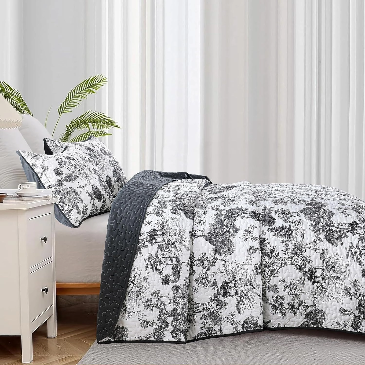 WONGS BEDDING Botanical Quilt Set Full Size, Black 3 Pieces Toile Floral Plants Printed Bedspread Bedding Set Soft Lightweight Microfiber Coverlet Set for All Season (90"x78")