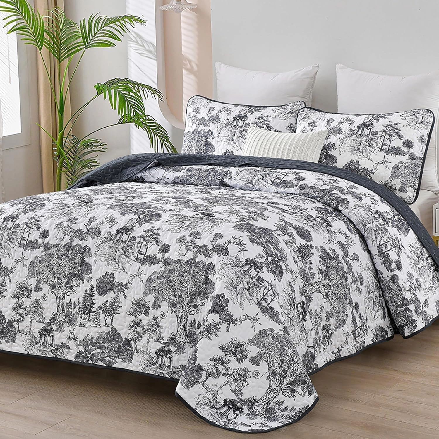 WONGS BEDDING Botanical Quilt Set Full Size, Black 3 Pieces Toile Floral Plants Printed Bedspread Bedding Set Soft Lightweight Microfiber Coverlet Set for All Season (90"x78")