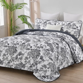 WONGS BEDDING Botanical Quilt Set Full Size, Black 3 Pieces Toile Floral Plants Printed Bedspread Bedding Set Soft Lightweight Microfiber Coverlet Set for All Season (90"x78")