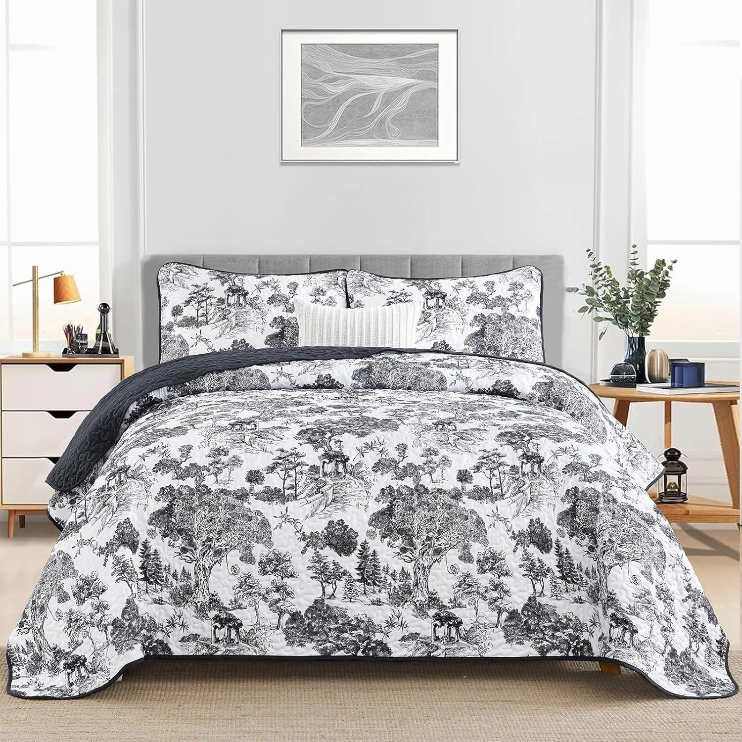 WONGS BEDDING Botanical Quilt Set Full Size, Black 3 Pieces Toile Floral Plants Printed Bedspread Bedding Set Soft Lightweight Microfiber Coverlet Set for All Season (90"x78")