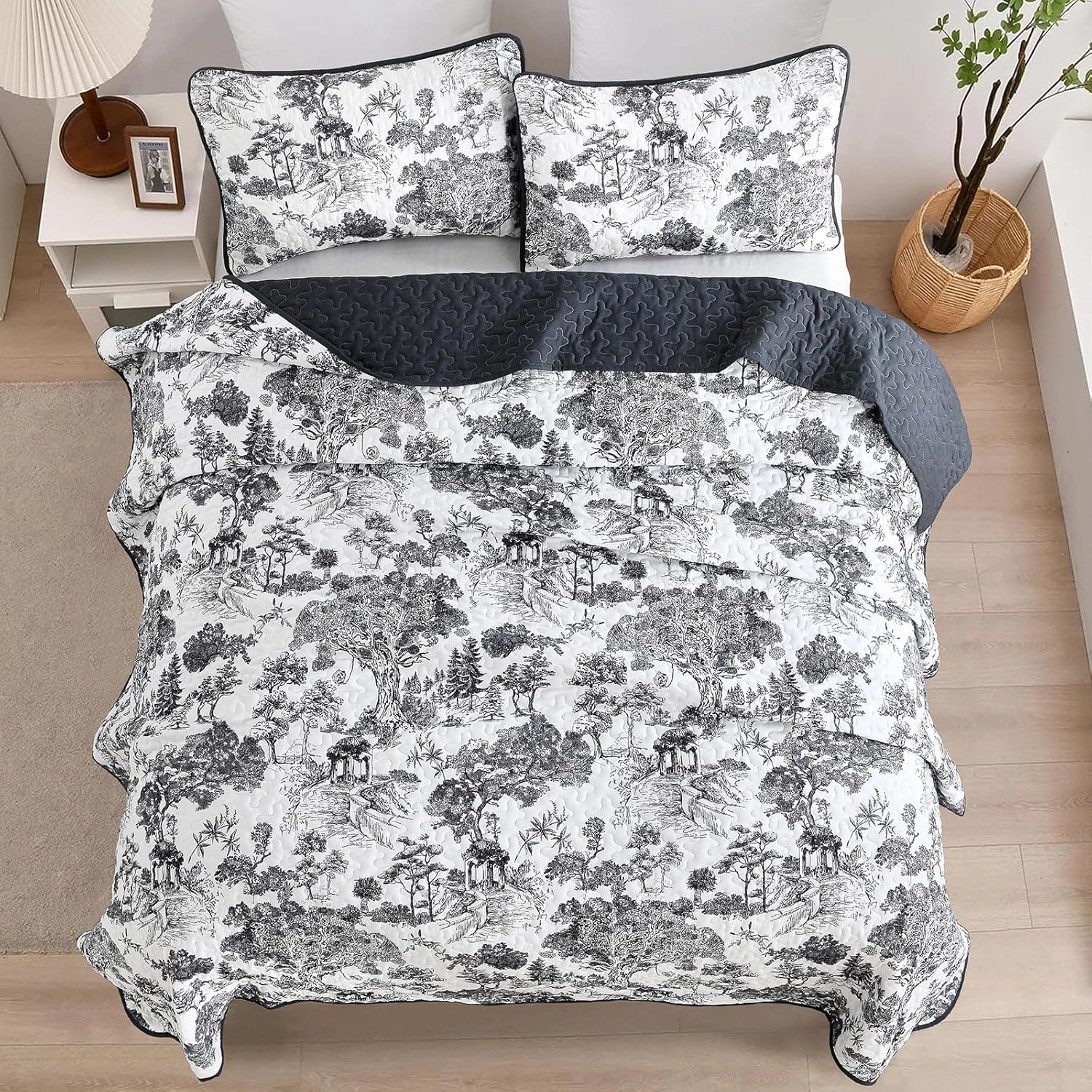 WONGS BEDDING Botanical Quilt Set Full Size, Black 3 Pieces Toile Floral Plants Printed Bedspread Bedding Set Soft Lightweight Microfiber Coverlet Set for All Season (90"x78")