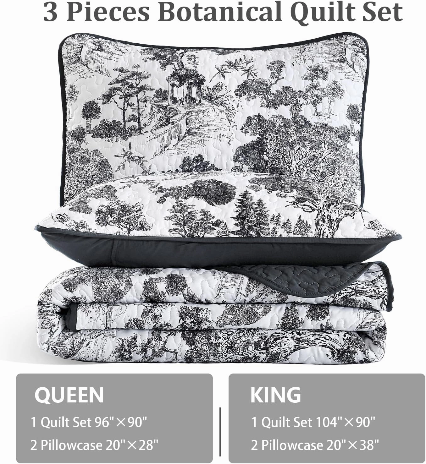 WONGS BEDDING Botanical Quilt Set Full Size, Black 3 Pieces Toile Floral Plants Printed Bedspread Bedding Set Soft Lightweight Microfiber Coverlet Set for All Season (90"x78")