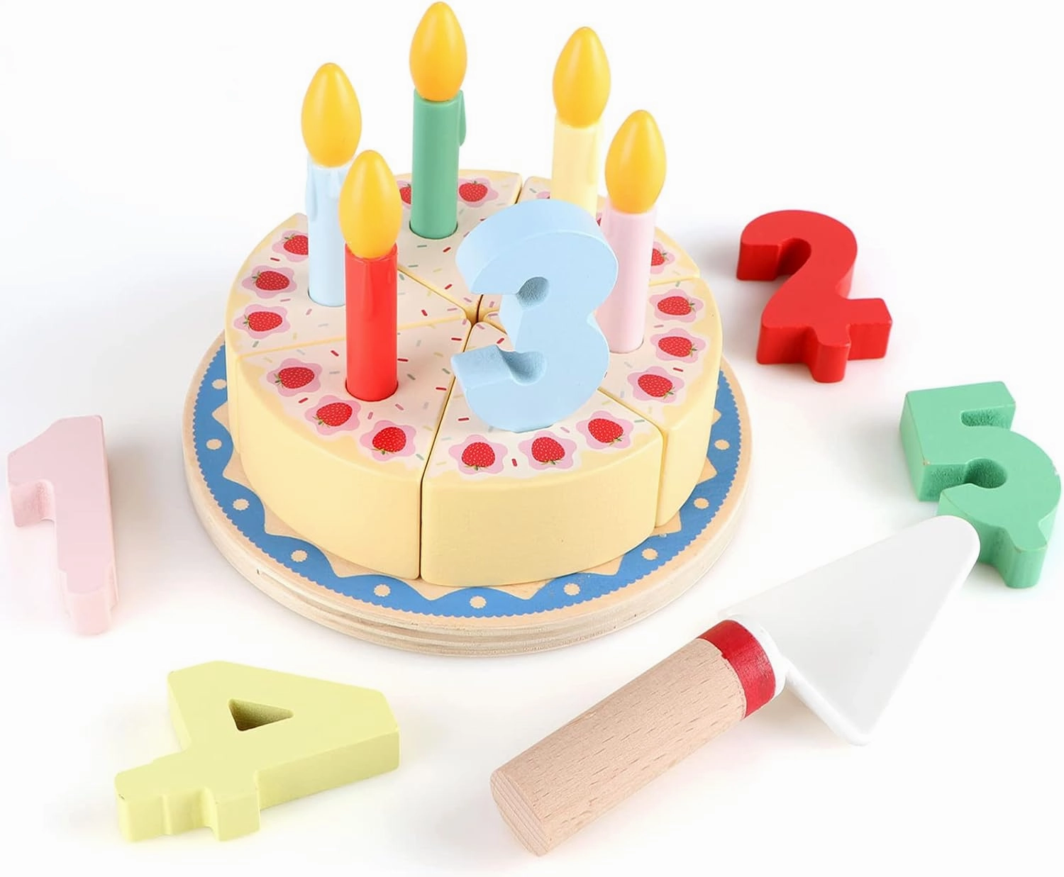 Wooden Cutting Cake Play Set, Fake Cake with Candles and Numbers, Pretend Play Food Set, Montessori Tea Party Toys Learning Kitchen Toys for Boys Girls 1-6 Years