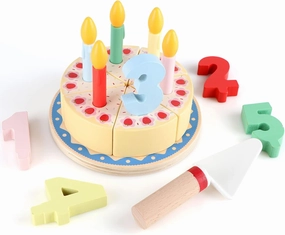 Wooden Cutting Cake Play Set, Fake Cake with Candles and Numbers, Pretend Play Food Set, Montessori Tea Party Toys Learning Kitchen Toys for Boys Girls 1-6 Years