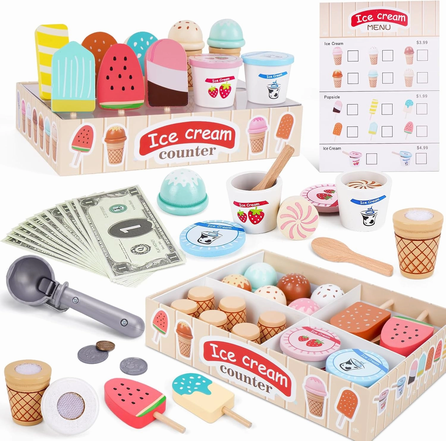Wooden Ice Cream Toys for Toddlers 3-5, Kids Wooden Toys Play Kitchen Accessories, Play Food Sets for Kids Kitchen, Pretend Play Toys Gifts for 3 4 5 Year Old Girls Boys Birthday Christmas
