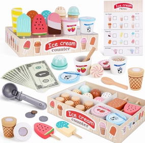 Wooden Ice Cream Toys for Toddlers 3-5, Kids Wooden Toys Play Kitchen Accessories, Play Food Sets for Kids Kitchen, Pretend Play Toys Gifts for 3 4 5 Year Old Girls Boys Birthday Christmas