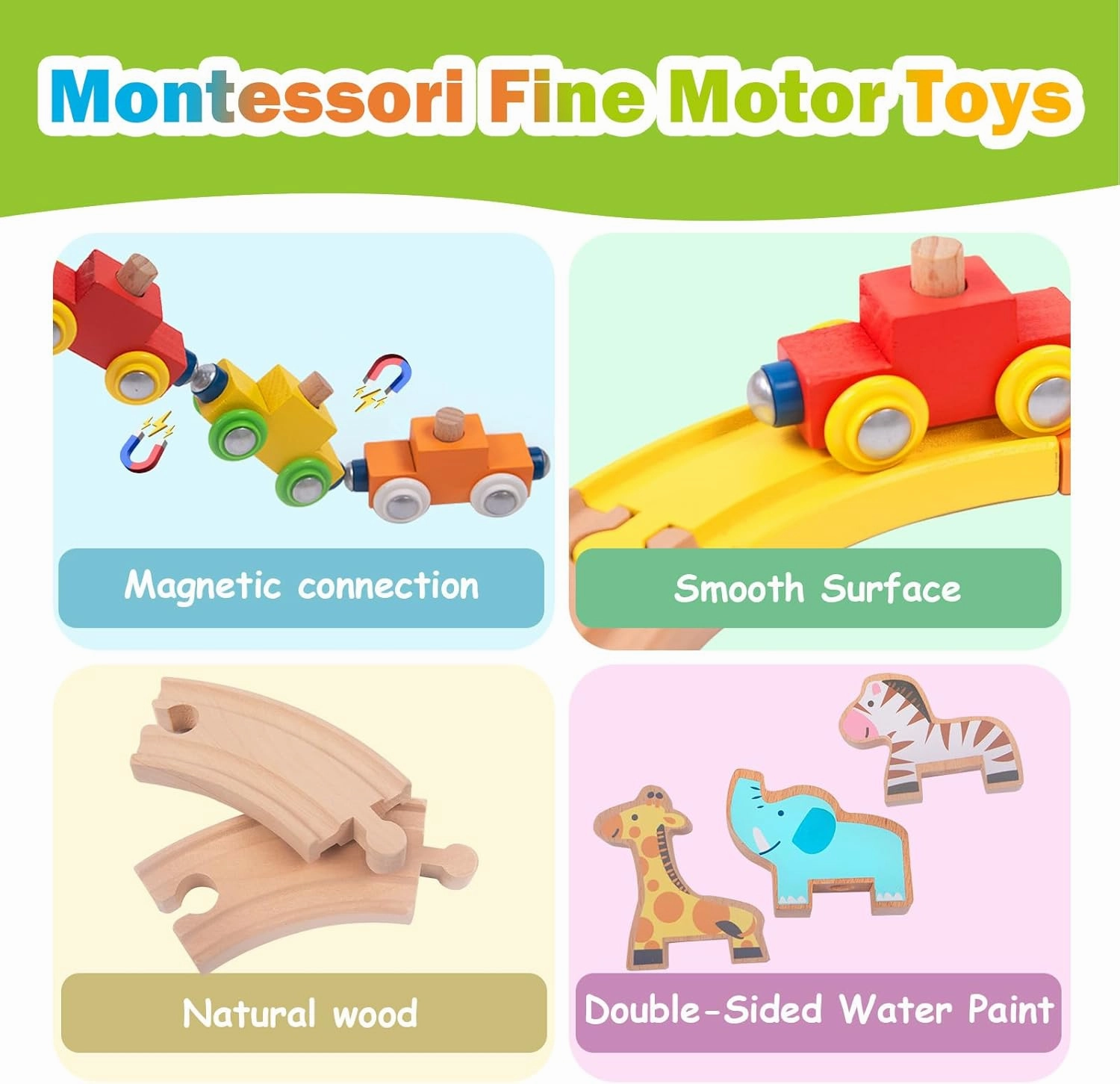 Wooden Train Set for Toddlers Magnetic Train Car Toys for Toddler, Montessori Toys, Accessories fits Melissa and Doug, fits Brio, fits Thomas, for Boys Girls 18  Months (Animal Wooden Train Set)