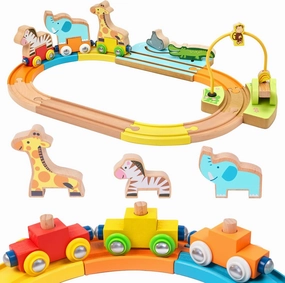Wooden Train Set for Toddlers Magnetic Train Car Toys for Toddler, Montessori Toys, Accessories fits Melissa and Doug, fits Brio, fits Thomas, for Boys Girls 18  Months (Animal Wooden Train Set)