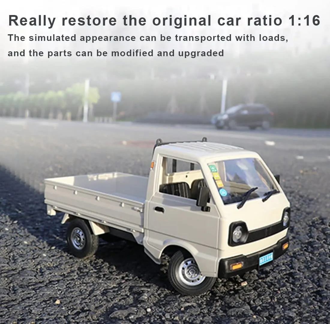 WPL D12 1/16 RC Truck for Adult, 2.4GHz Mini Truck Remote Control Drift Pickup Off Road Vehicle, 130 Motor Rear Drive 20KM/H Cargo Car with Led Light - 3 Battery