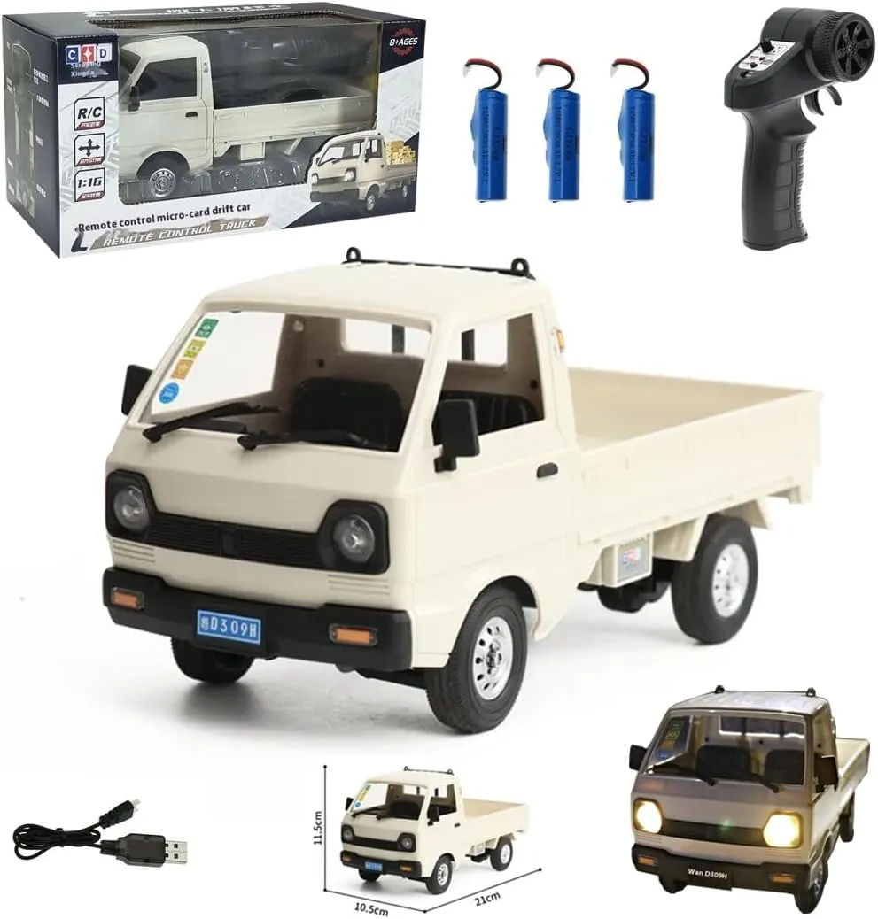 WPL D12 1/16 RC Truck for Adult, 2.4GHz Mini Truck Remote Control Drift Pickup Off Road Vehicle, 130 Motor Rear Drive 20KM/H Cargo Car with Led Light - 3 Battery