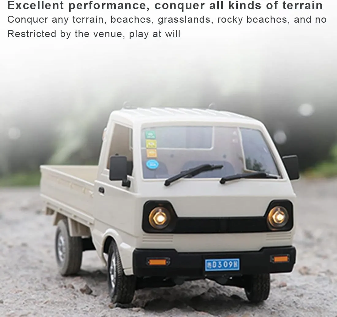 WPL D12 1/16 RC Truck for Adult, 2.4GHz Mini Truck Remote Control Drift Pickup Off Road Vehicle, 130 Motor Rear Drive 20KM/H Cargo Car with Led Light - 3 Battery