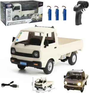 WPL D12 1/16 RC Truck for Adult, 2.4GHz Mini Truck Remote Control Drift Pickup Off Road Vehicle, 130 Motor Rear Drive 20KM/H Cargo Car with Led Light - 3 Battery