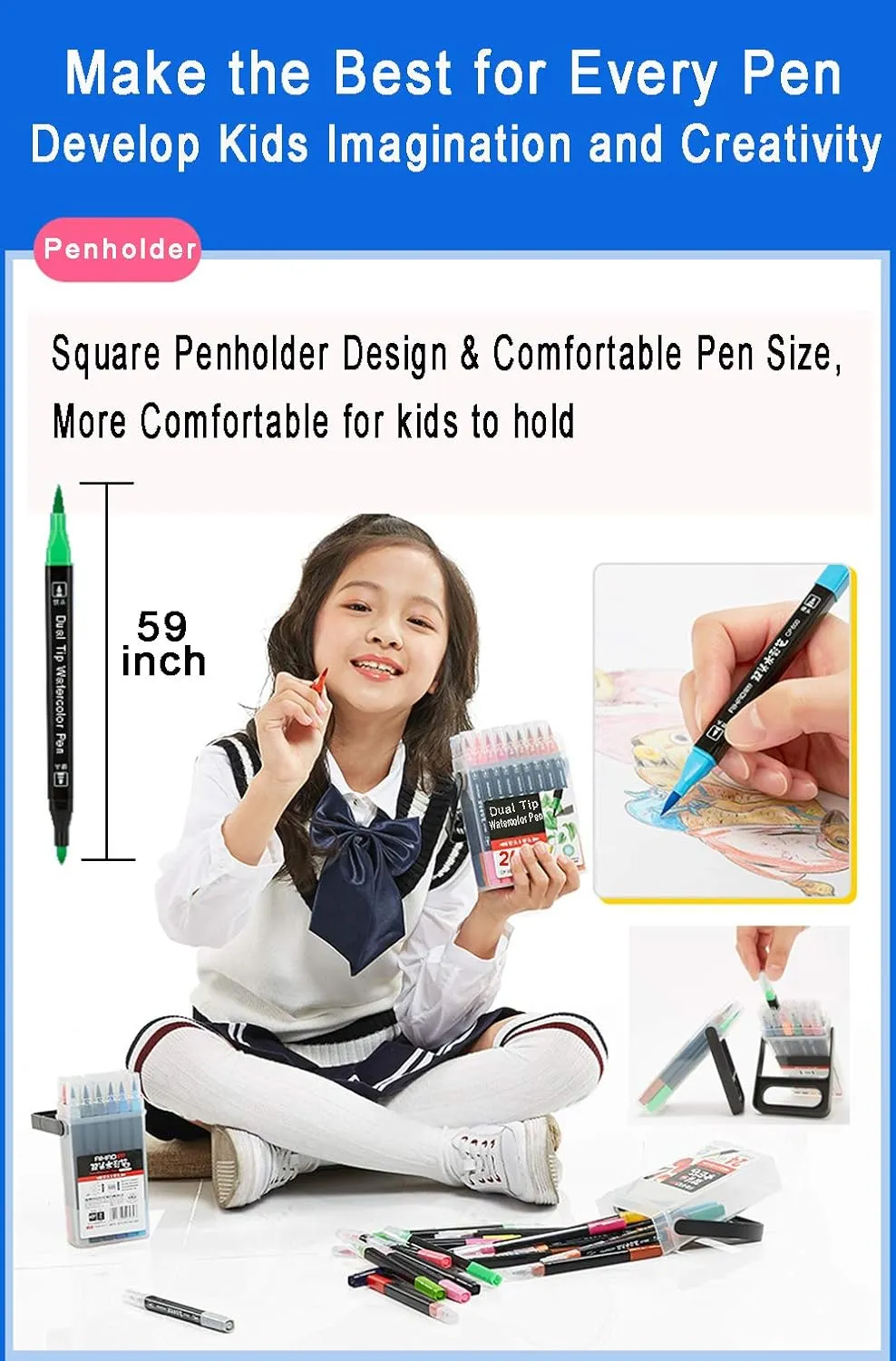 WQIYA Dual Tip Markers for Kids, Washable Art Markers Set with Stand, Portable Box, Gift for Kids (36 Colours)