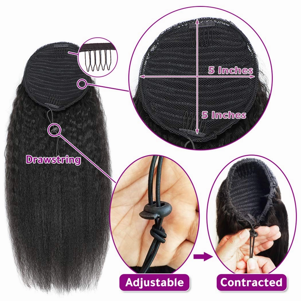 Wrap Drawstring 100 Human Hair Ponytail Extensions 18 Inch Afro Kinky Straight Italian Yaki Curly Top Closure Clip Ins Ponytail Human Hair Extensions for Black Women 120gram/set (18", Kinky straight)