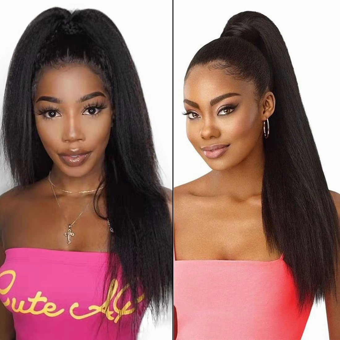 Wrap Drawstring 100 Human Hair Ponytail Extensions 18 Inch Afro Kinky Straight Italian Yaki Curly Top Closure Clip Ins Ponytail Human Hair Extensions for Black Women 120gram/set (18", Kinky straight)