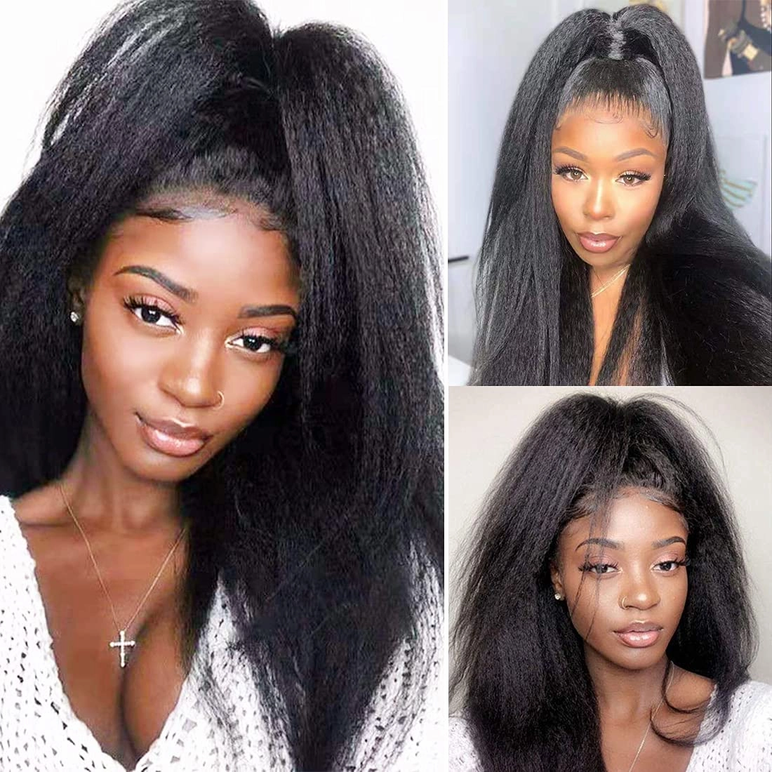 Wrap Drawstring 100 Human Hair Ponytail Extensions 18 Inch Afro Kinky Straight Italian Yaki Curly Top Closure Clip Ins Ponytail Human Hair Extensions for Black Women 120gram/set (18", Kinky straight)