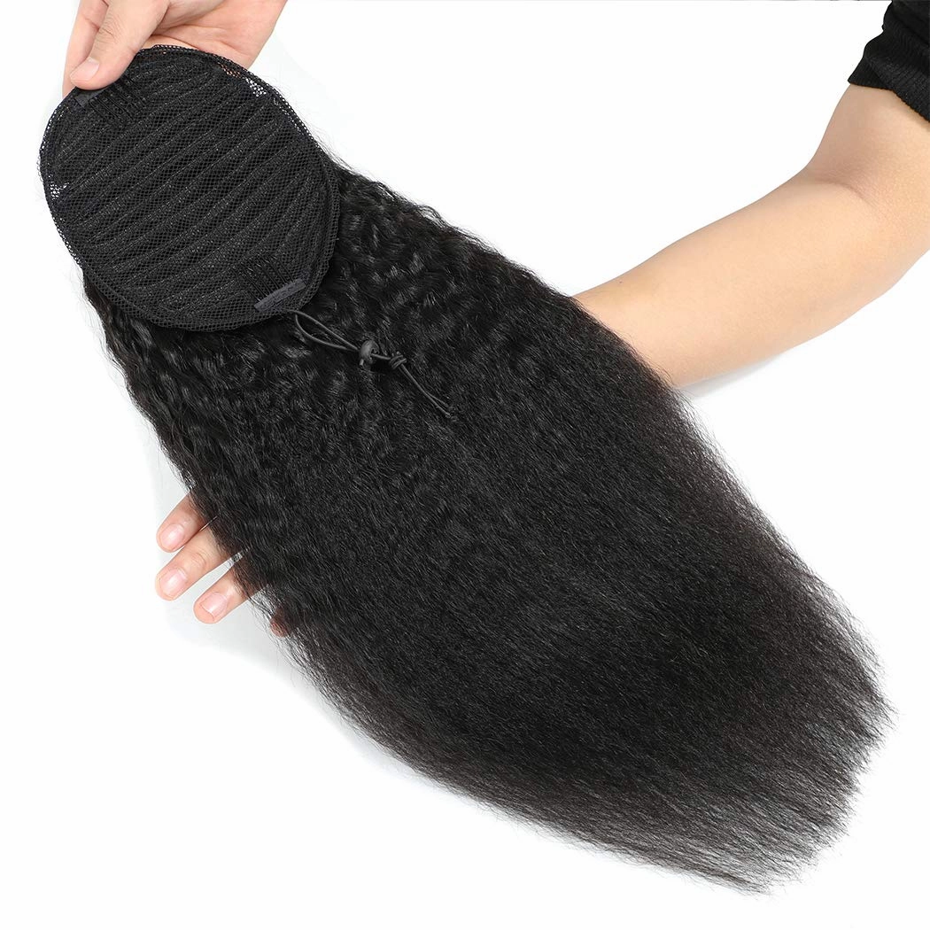 Wrap Drawstring 100 Human Hair Ponytail Extensions 18 Inch Afro Kinky Straight Italian Yaki Curly Top Closure Clip Ins Ponytail Human Hair Extensions for Black Women 120gram/set (18", Kinky straight)